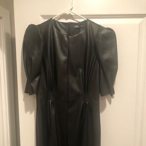 Black faux leather puffed sleeved dress